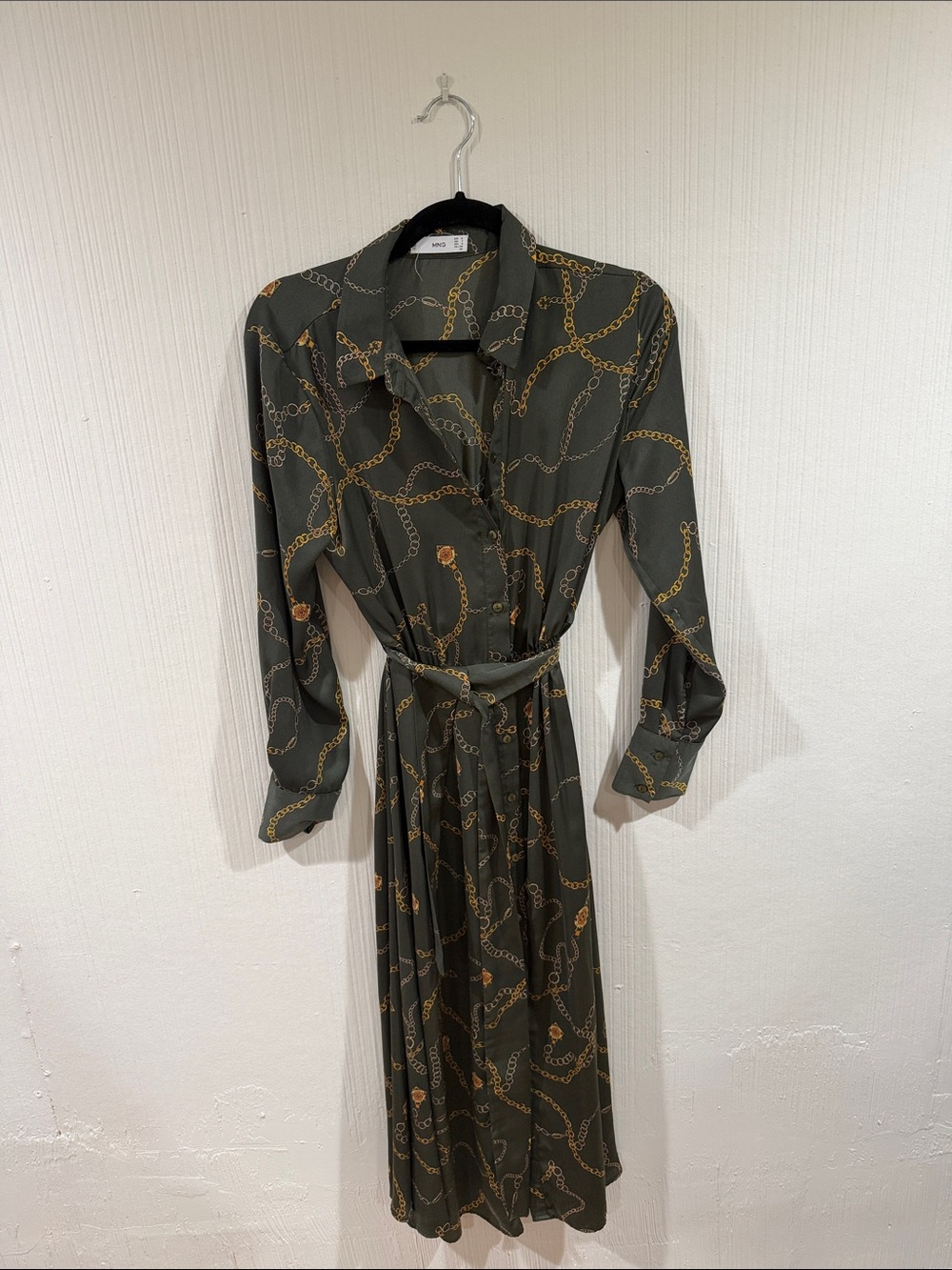 Mango Olive Green Long Sleeve Chain-Print Shirt Dress